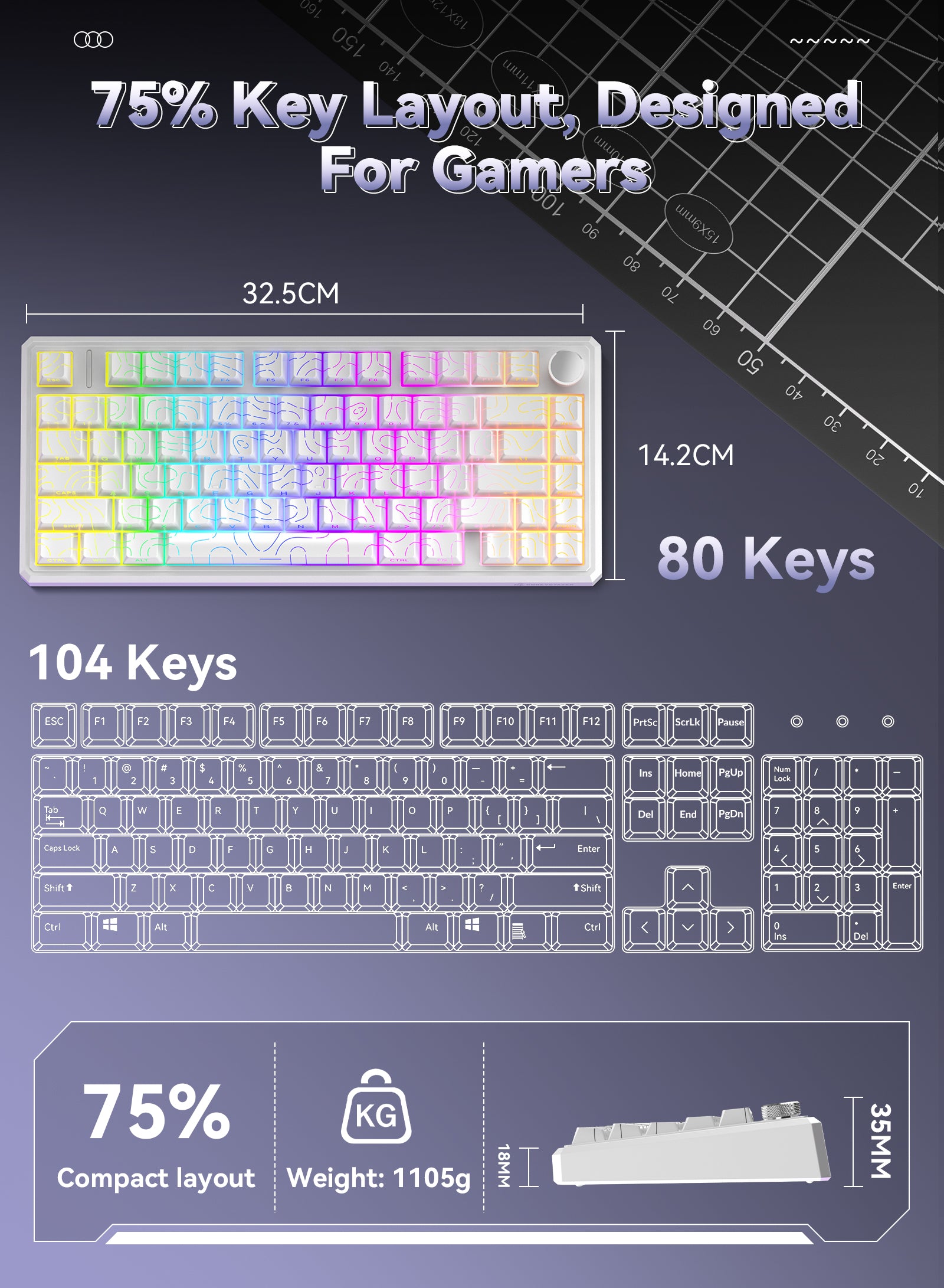 R75 Wired Magnetic Keyboard - White Outline